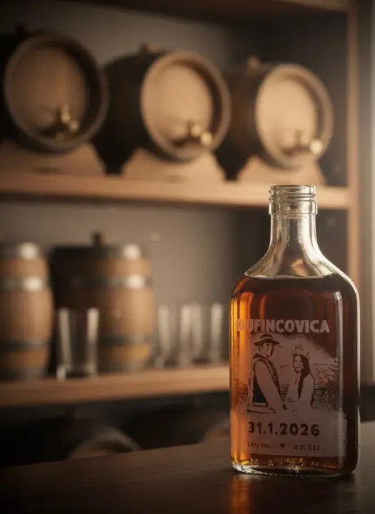 Gravírovaná sklenená fľaša s motívom DUFINCOVICA a dátumom 31.1.2026